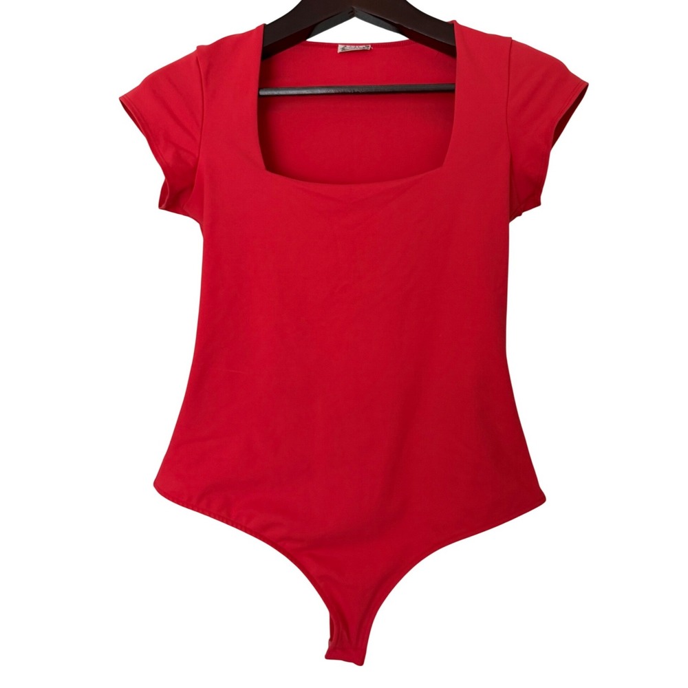 Intimately Free People Red Square Neck Short Sleeve Bodice Bodysuit Large